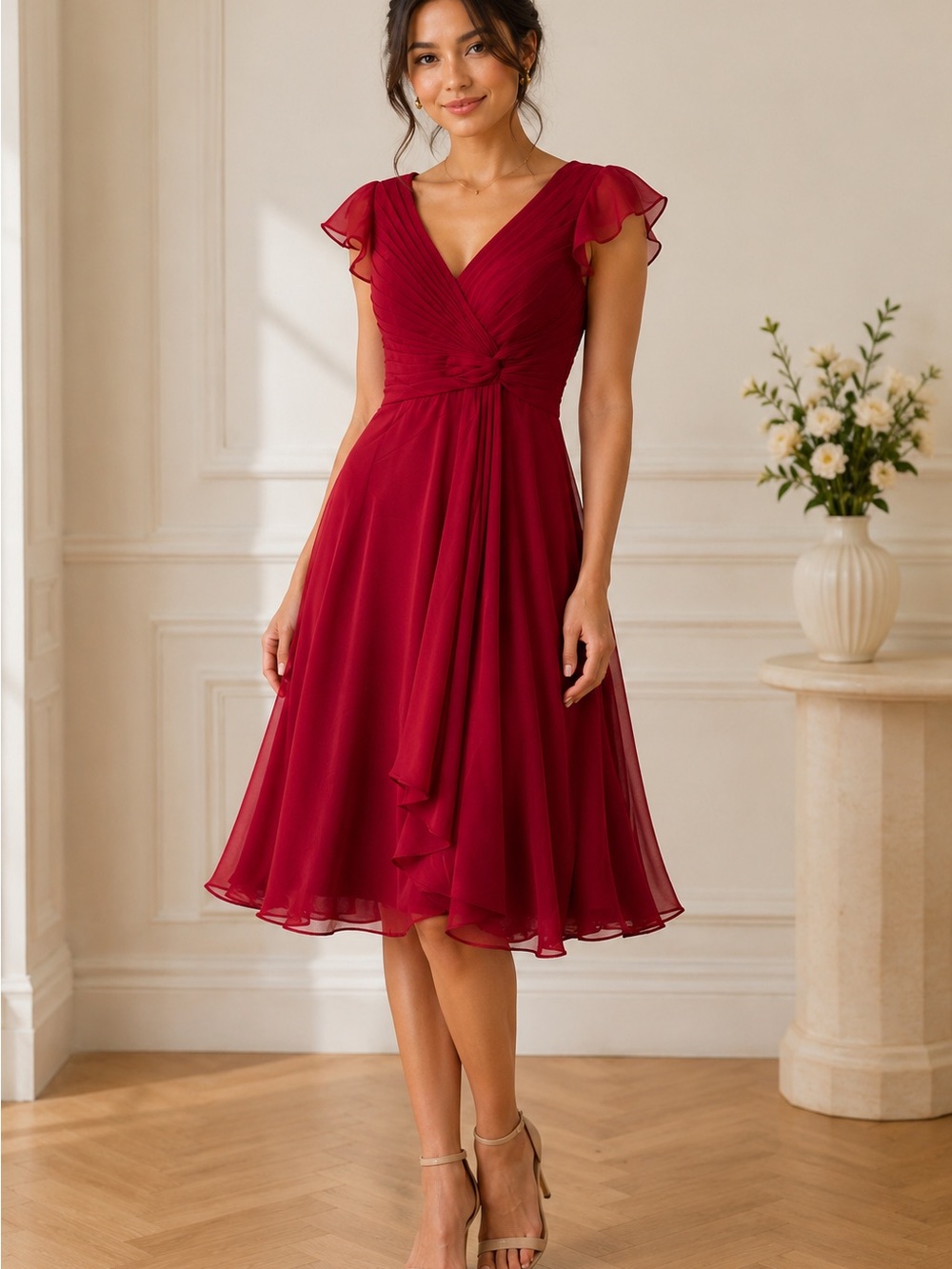 NWOT Raspberry Midi Party Dress with Knot Detail